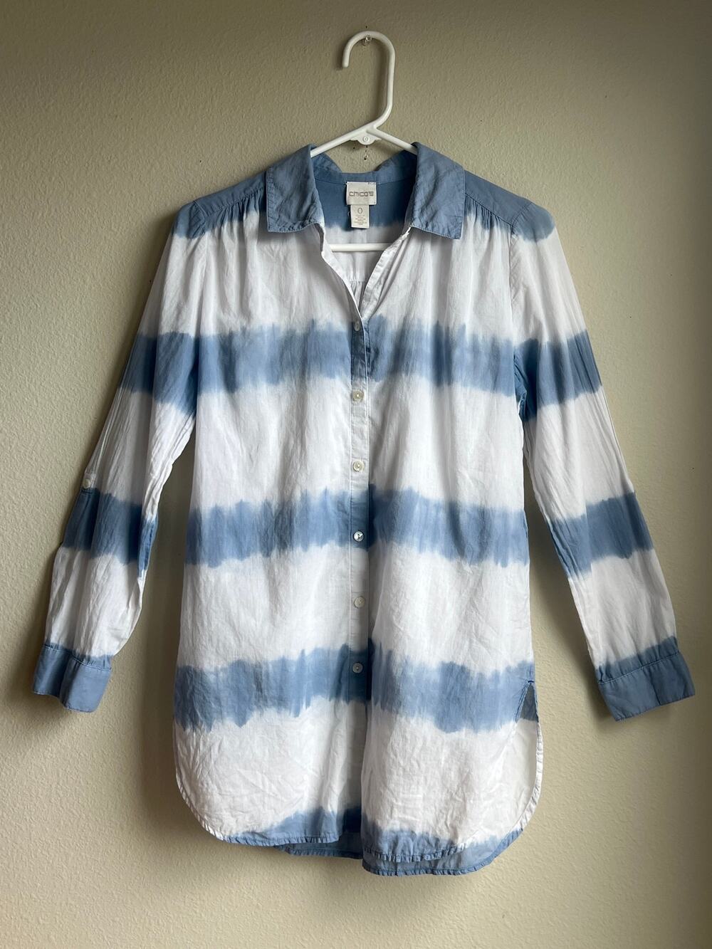 Chico's Blue White Cotton Shibori Stripe Button Down Tunic Shirt Size 0 US Small